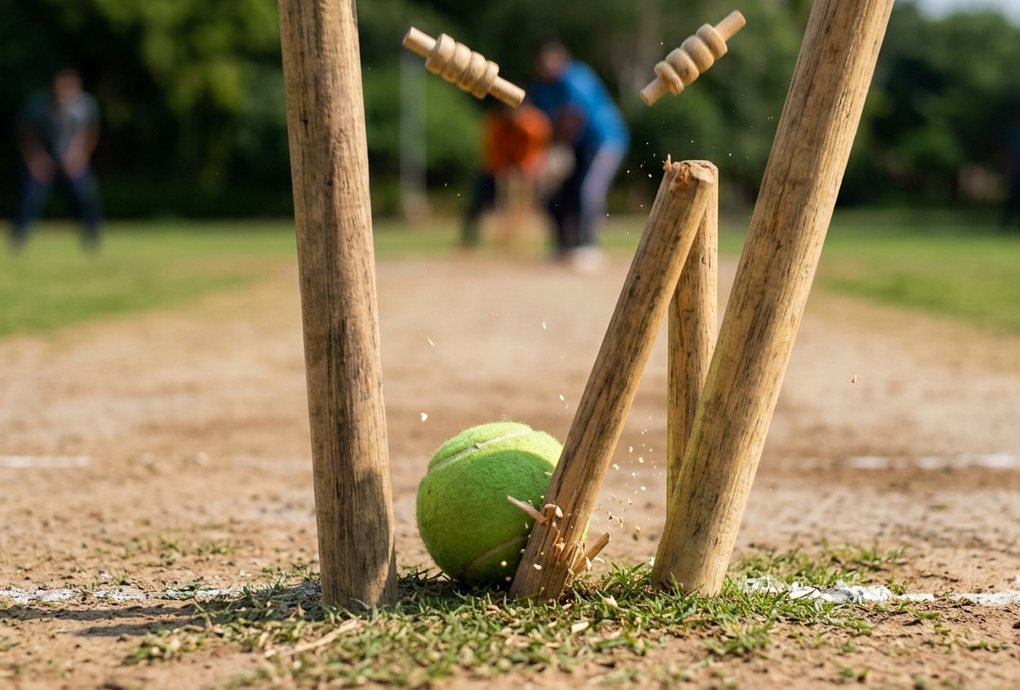 A tennis ball striking the stumps, bails flying, on a suburban pitch.